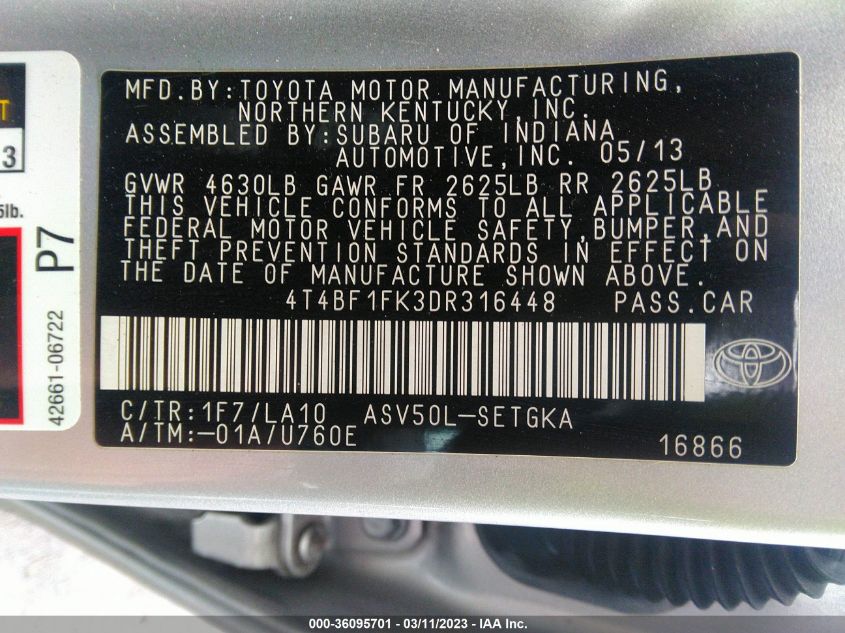 2013 TOYOTA CAMRY LE - 4T4BF1FK3DR316448