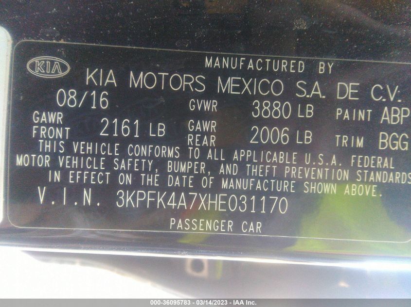 2017 KIA FORTE LX - 3KPFK4A7XHE031170