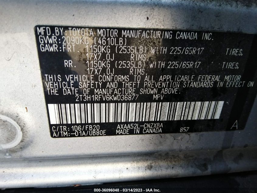 2019 TOYOTA RAV4 LE - 2T3H1RFV6KW036877