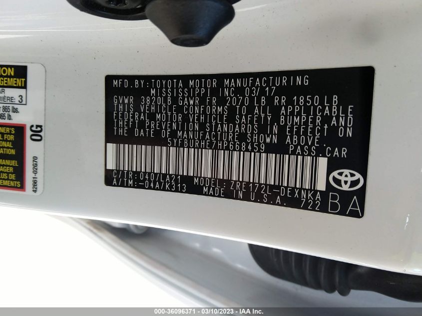 2017 TOYOTA COROLLA L/LE/XLE/SE - 5YFBURHE7HP668459