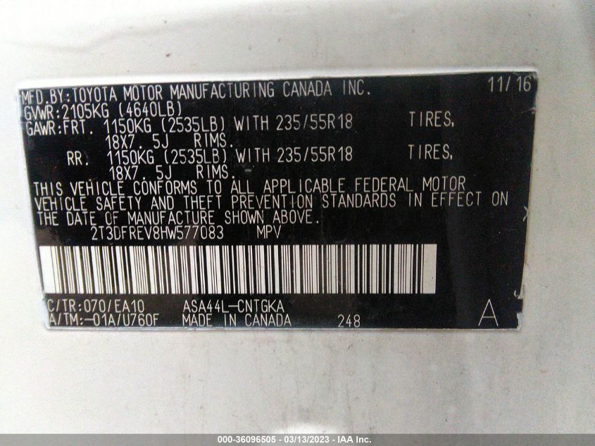 2017 TOYOTA RAV4 LIMITED/PLATINUM - 2T3DFREV8HW577083