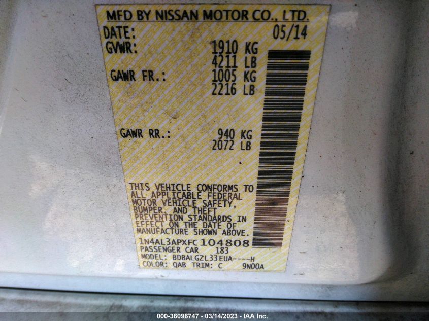 2015 NISSAN ALTIMA 2.5 S - 1N4AL3APXFC104808