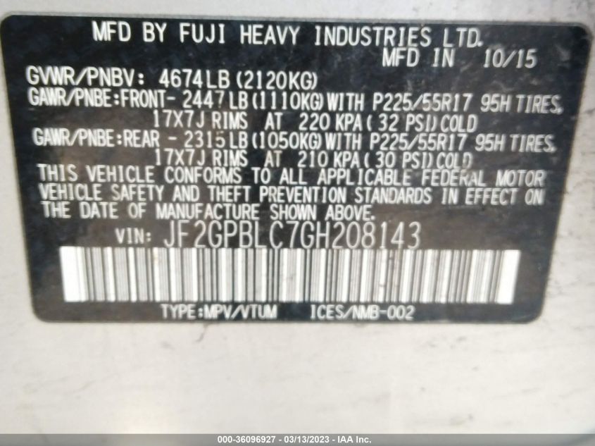 2016 SUBARU CROSSTREK HYBRID TOURING JF2GPBLC7GH208143
