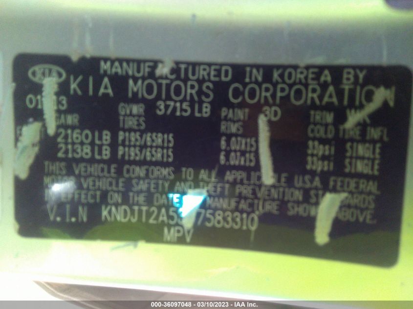 2013 KIA SOUL BASE - KNDJT2A53D7583310