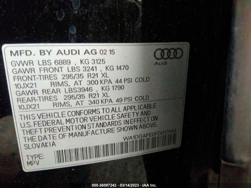 2015 AUDI Q7 3.0T S LINE PRESTIGE - WA1DGAFE0FD017544