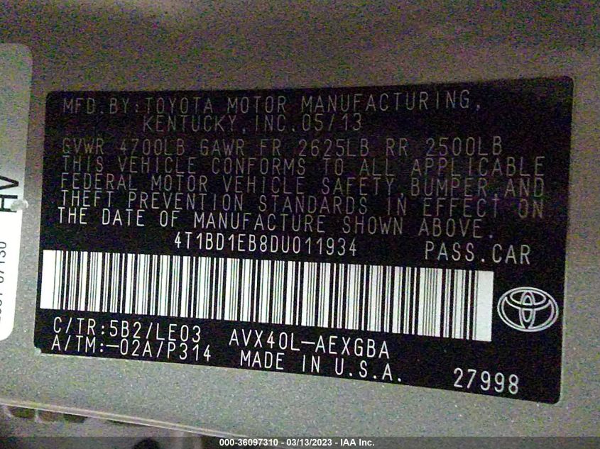 2013 TOYOTA AVALON HYBRID XLE PREMIUM 4T1BD1EB8DU011934