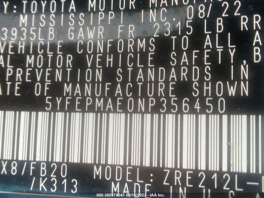 VIN 5YFEPMAE0NP356450 2022 TOYOTA COROLLA LE