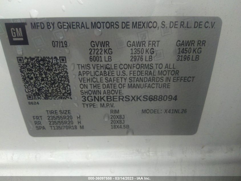 2019 CHEVROLET BLAZER RS - 3GNKBERSXKS688094