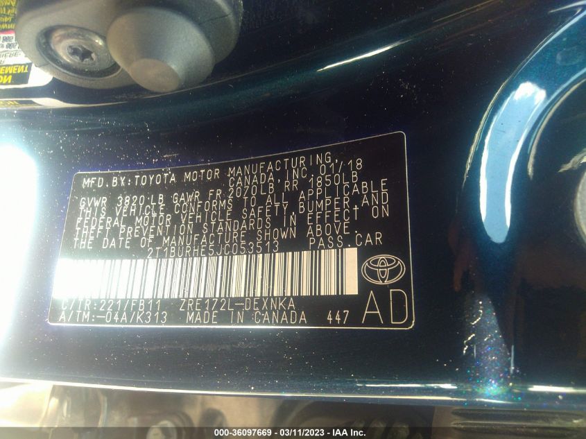 2018 TOYOTA COROLLA L/LE/XLE/SE/XSE - 2T1BURHE5JC053513