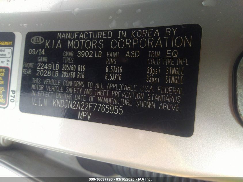 2015 KIA SOUL BASE - KNDJN2A22F7765955