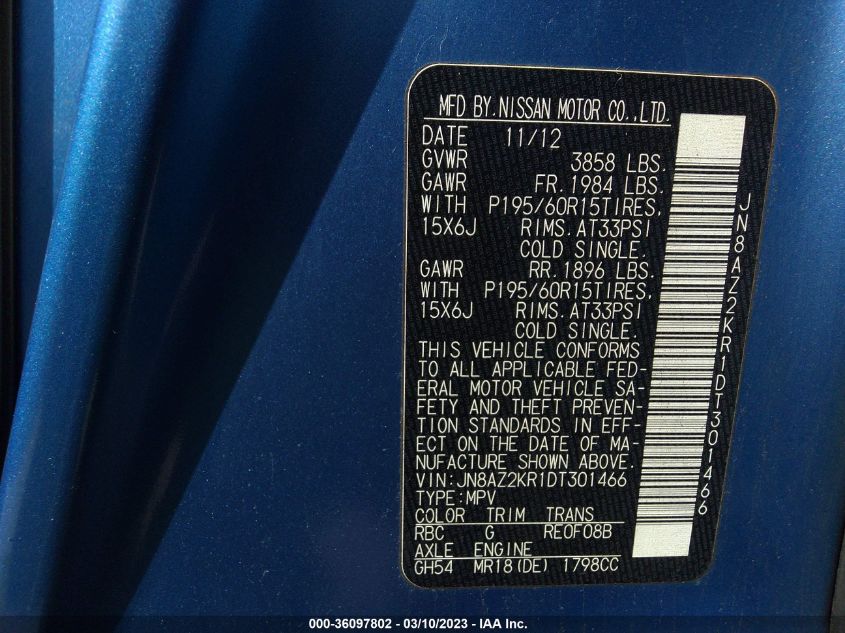 2013 NISSAN CUBE S - JN8AZ2KR1DT301466