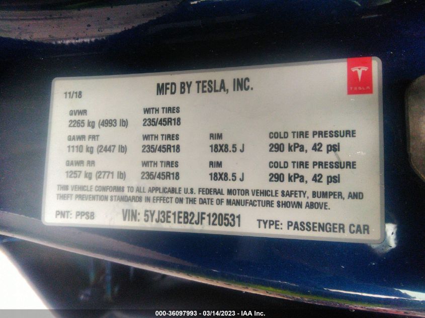 2018 TESLA MODEL 3 LONG RANGE - 5YJ3E1EB2JF120531