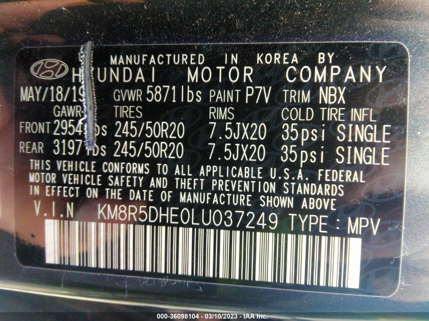 2020 HYUNDAI PALISADE LIMITED - KM8R5DHE0LU037249