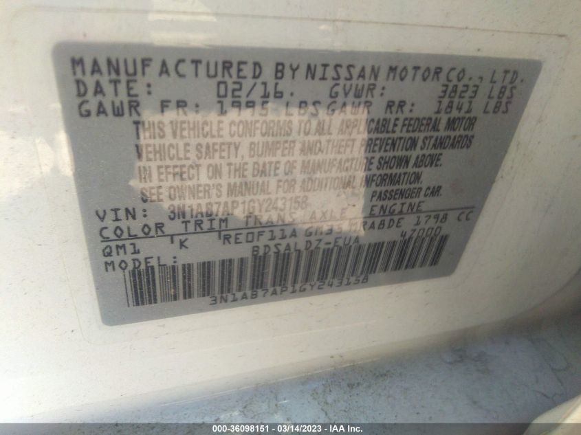2016 NISSAN SENTRA SR/SL/S/SV/FE+ S - 3N1AB7AP1GY243158