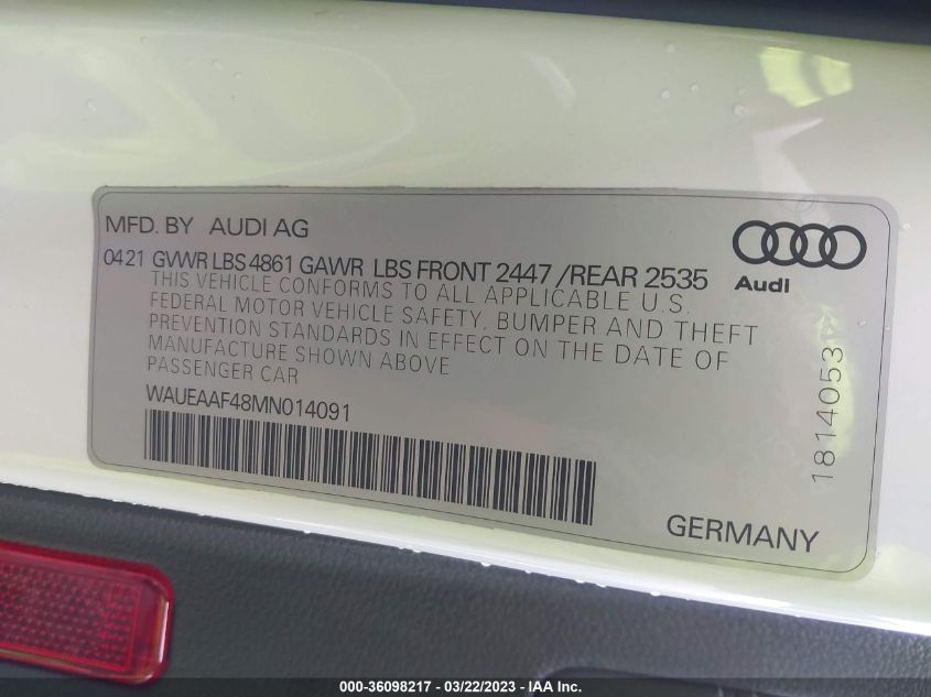2021 AUDI A4 SEDAN S LINE PREMIUM PLUS - WAUEAAF48MN014091
