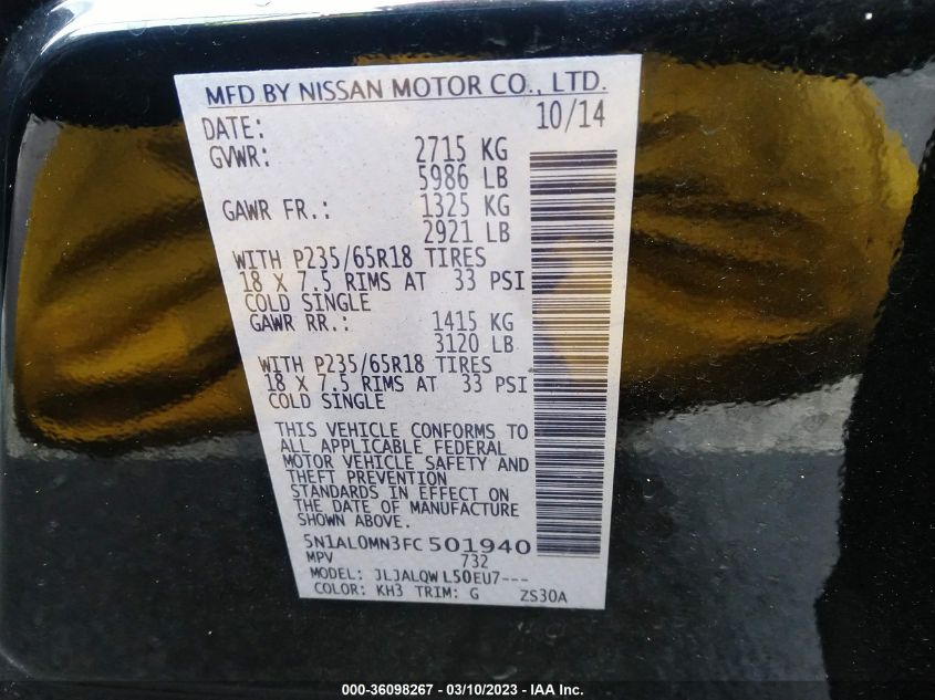 2015 INFINITI QX60 - 5N1AL0MN3FC501940