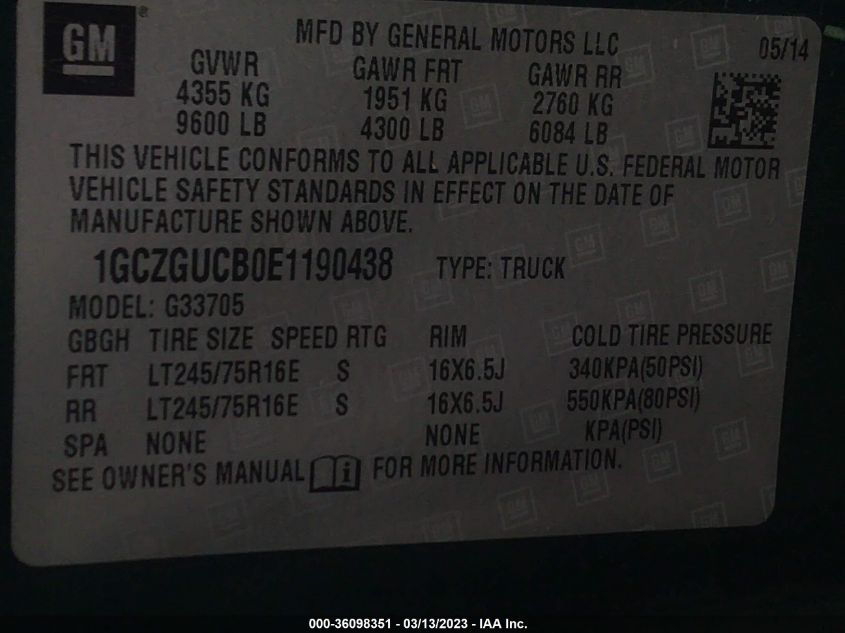 2014 CHEVROLET EXPRESS CARGO VAN - 1GCZGUCB0E1190438