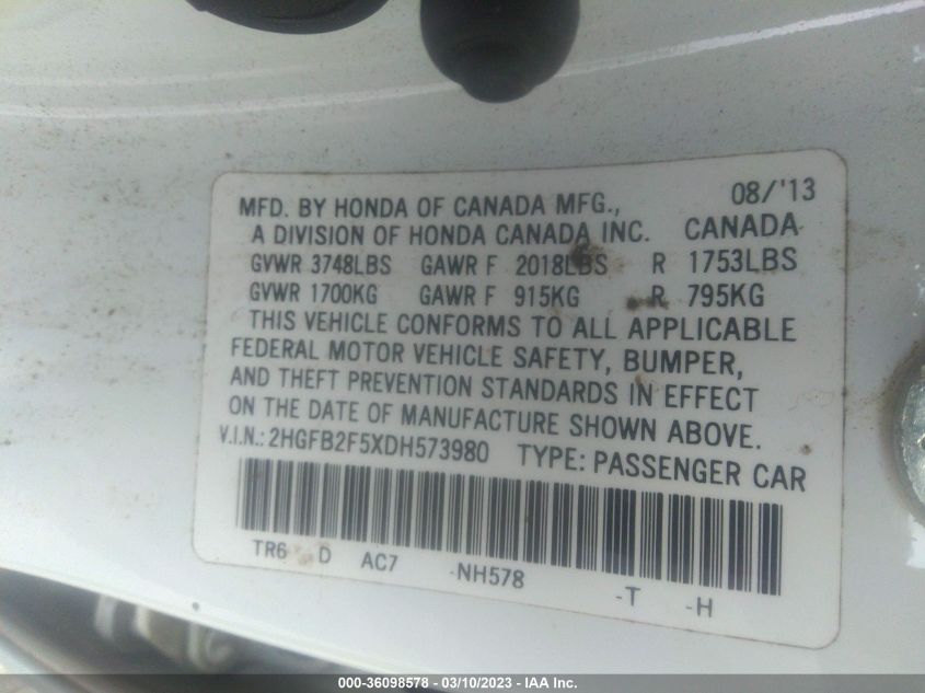 2013 HONDA CIVIC SDN LX - 2HGFB2F5XDH573980