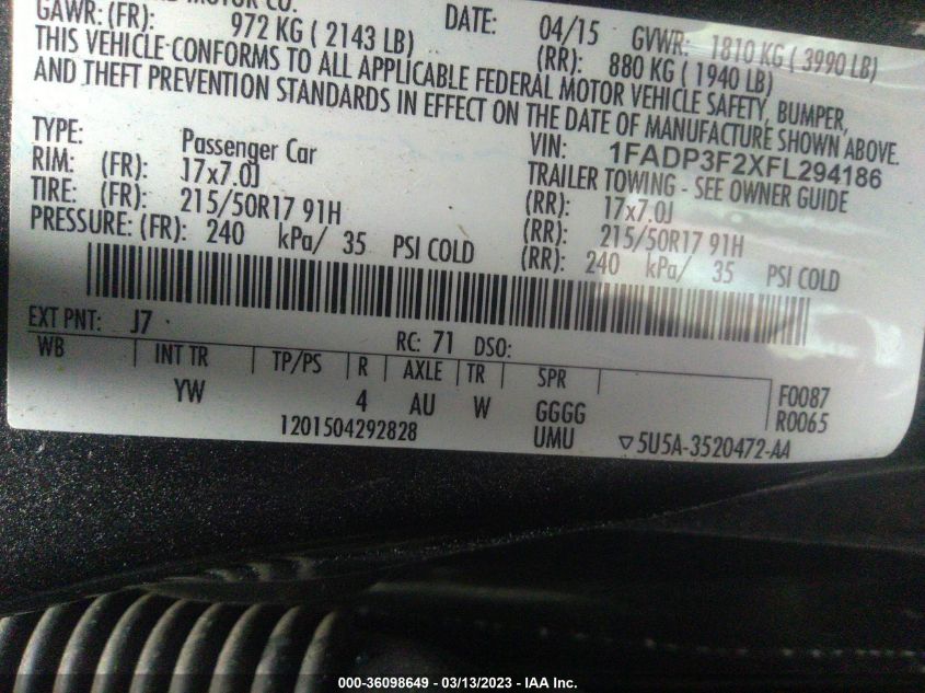 2015 FORD FOCUS SE - 1FADP3F2XFL294186