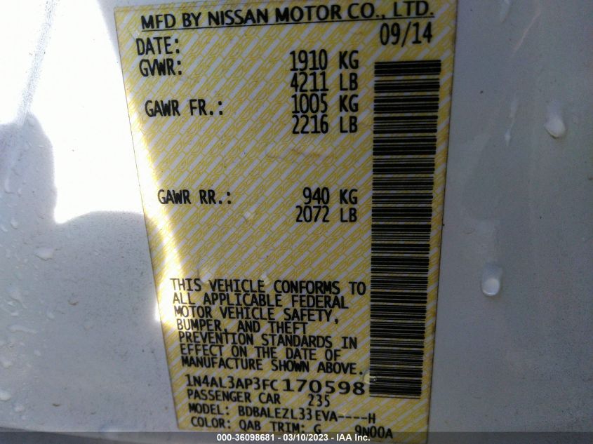 2015 NISSAN ALTIMA 2.5 S - 1N4AL3AP3FC170598