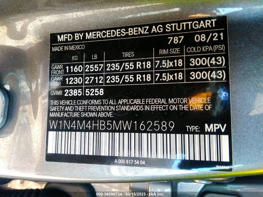 2021 MERCEDES-BENZ GLB GLB 250 W1N4M4HB5MW162589