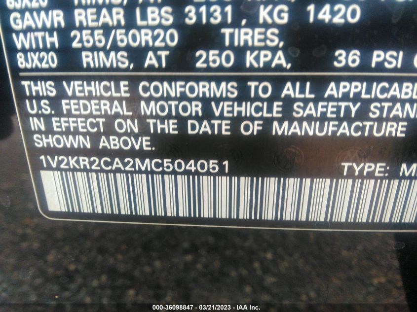 2021 VOLKSWAGEN ATLAS 3.6L V6 SE W/TECHNOLOGY - 1V2KR2CA2MC504051