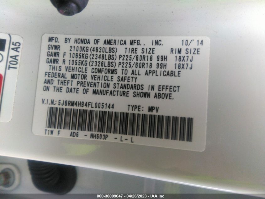 2015 HONDA CR-V TOURING - 5J6RM4H94FL005144