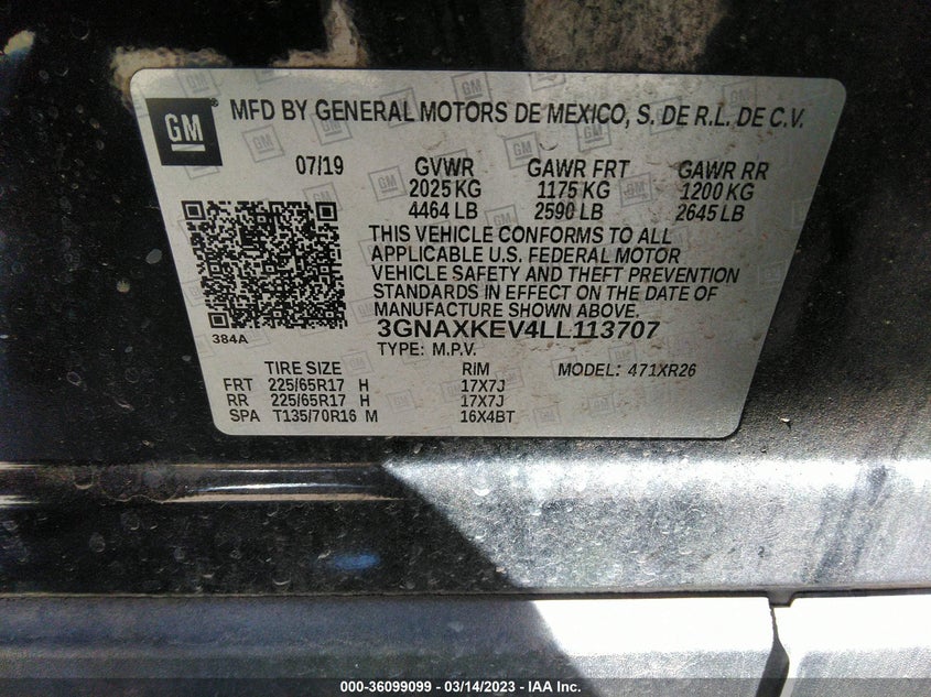 VIN 3GNAXKEV4LL113707 2020 CHEVROLET EQUINOX LT