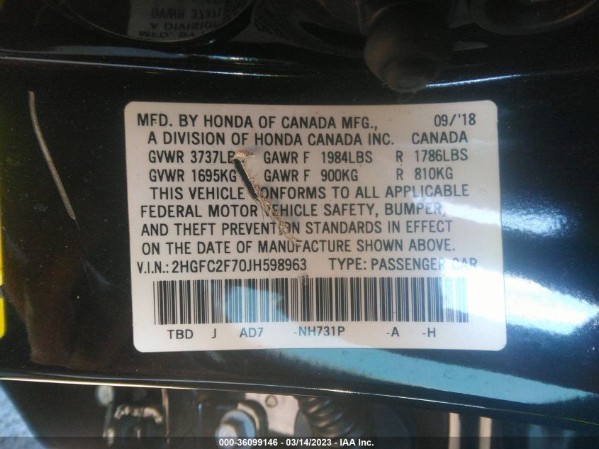 2018 HONDA CIVIC SEDAN EX - 2HGFC2F70JH598963