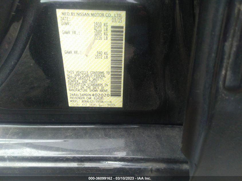 2015 NISSAN ALTIMA 2.5 S - 1N4AL3AP6FN402020