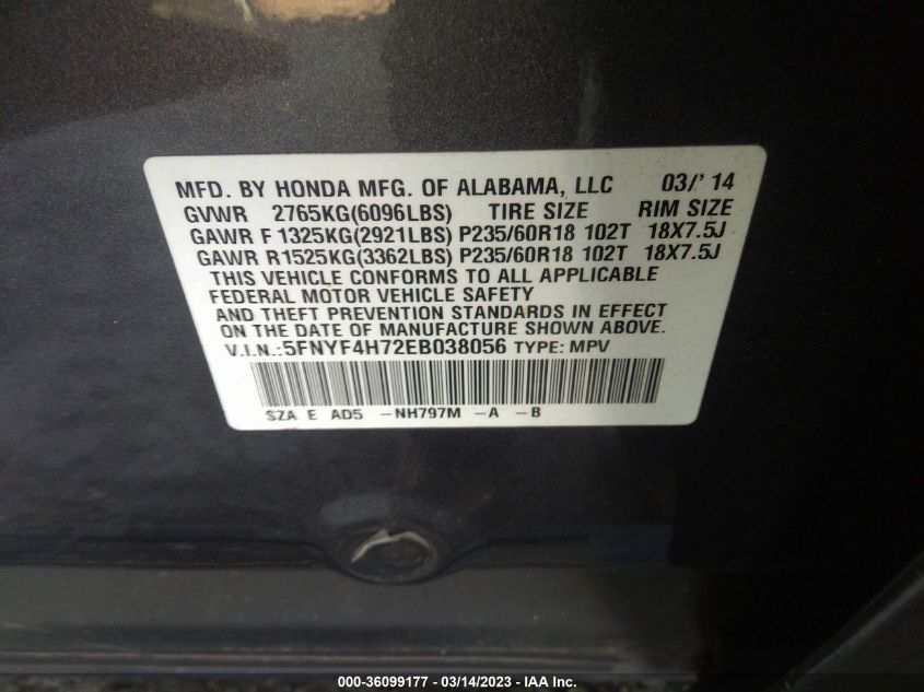 2014 HONDA PILOT EX-L - 5FNYF4H72EB038056