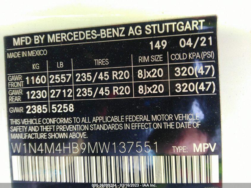 2021 MERCEDES-BENZ GLB GLB 250 W1N4M4HB9MW137551