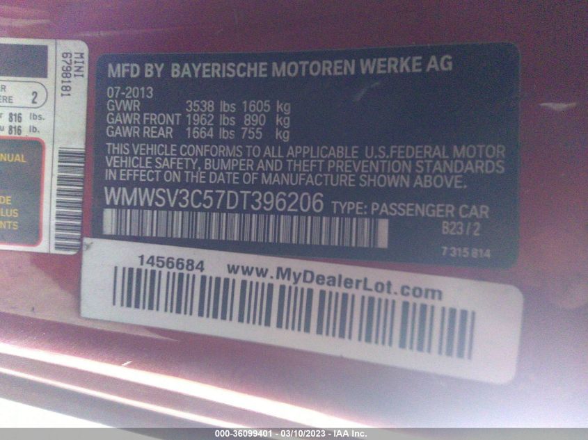 2013 MINI COOPER HARDTOP S - WMWSV3C57DT396206