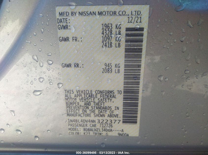2022 NISSAN ALTIMA 2.5 SV - 1N4BL4DV4NN322377