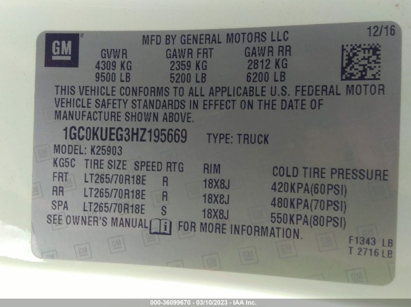 2017 CHEVROLET SILVERADO 2500HD WORK TRUCK - 1GC0KUEG3HZ195669