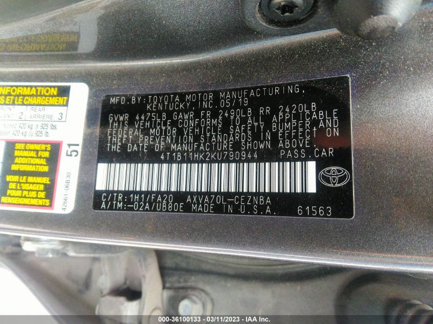 2019 TOYOTA CAMRY LE/SE/XLE/L - 4T1B11HK2KU790944