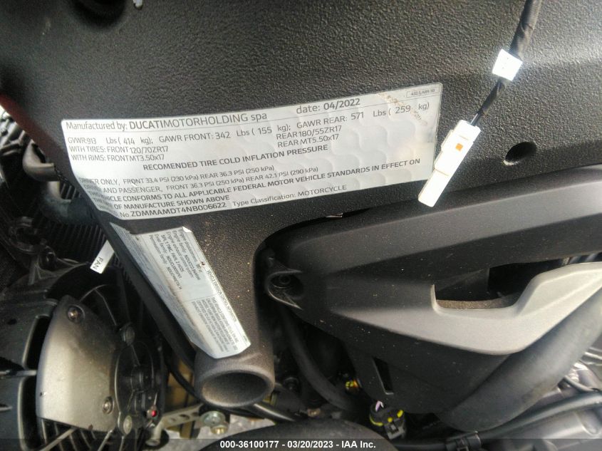2022 DUCATI MONSTER ZDMMAMDT4NB006622