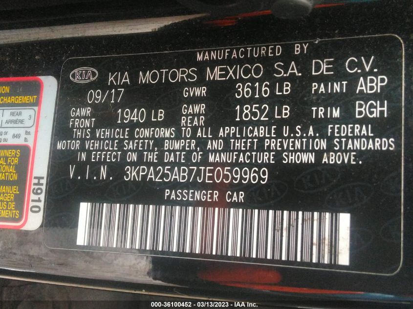 2018 KIA RIO 5-DOOR LX 3KPA25AB7JE059969