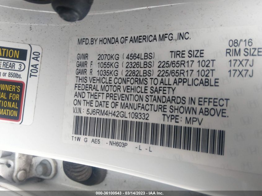 2016 HONDA CR-V SE - 5J6RM4H42GL109332