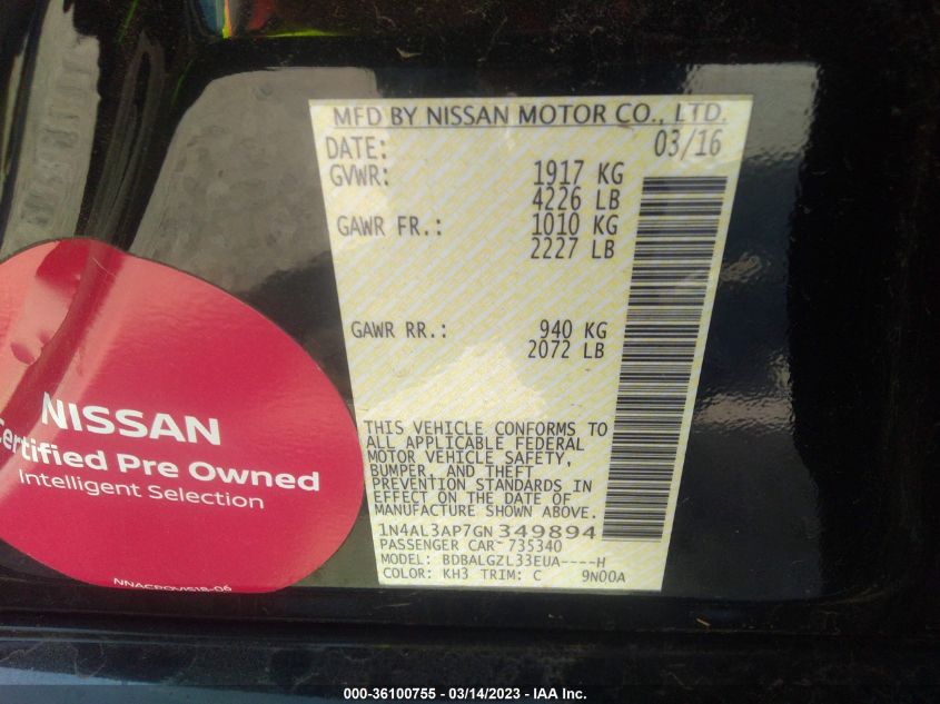 2016 NISSAN ALTIMA 2.5 S - 1N4AL3AP7GN349894