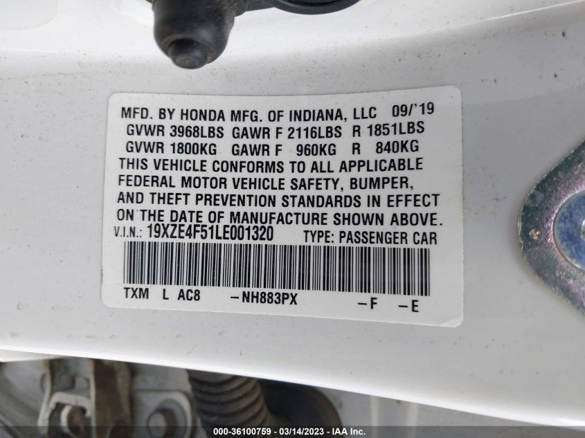 2020 HONDA INSIGHT EX 19XZE4F51LE001320