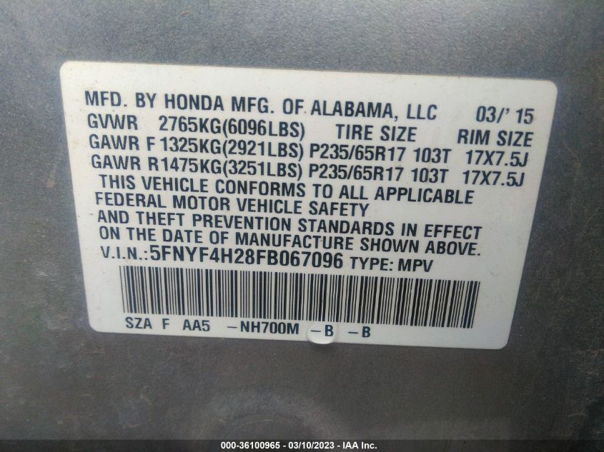 2015 HONDA PILOT LX - 5FNYF4H28FB067096