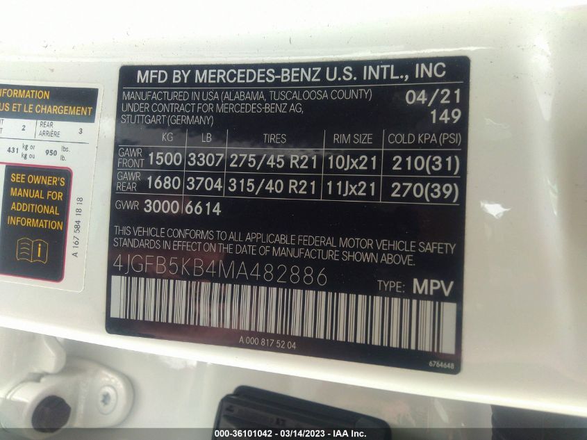 2021 MERCEDES-BENZ GLE GLE 450 - 4JGFB5KB4MA482886