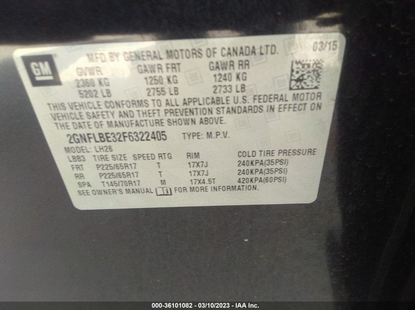 2015 CHEVROLET EQUINOX LT 2GNFLBE32F6322405
