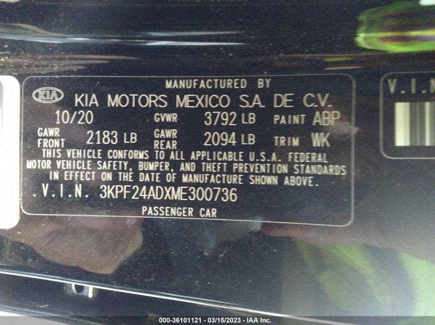 2021 KIA FORTE LXS - 3KPF24ADXME300736