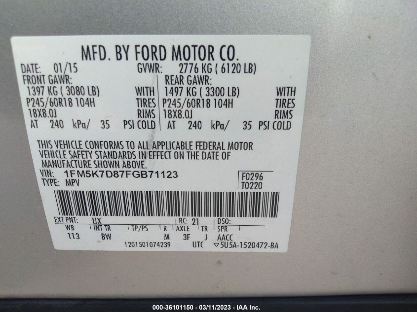 2015 FORD EXPLORER XLT - 1FM5K7D87FGB71123