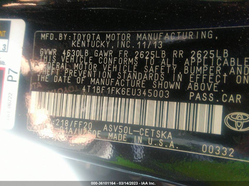 2014 TOYOTA CAMRY L/LE/XLE/SE/SE SPORT - 4T1BF1FK6EU345003
