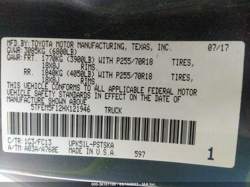 2017 TOYOTA TUNDRA 2WD SR5 5TFEM5F12HX121946