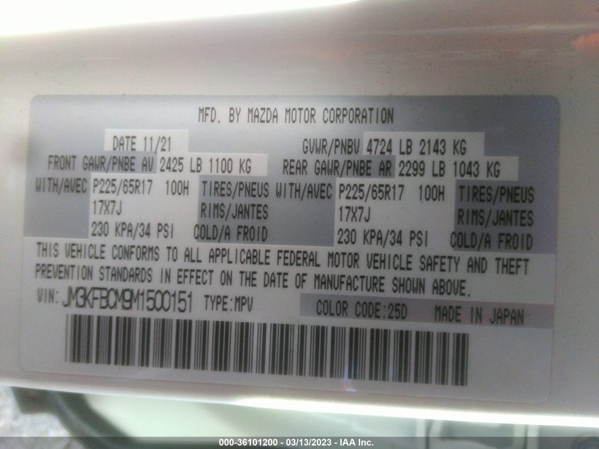 VIN JM3KFBCM9M1500151 2021 MAZDA CX-5 TOURING