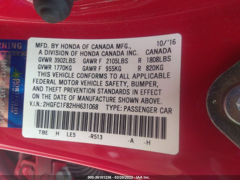 2017 HONDA CIVIC SEDAN EX-L - 2HGFC1F82HH631068